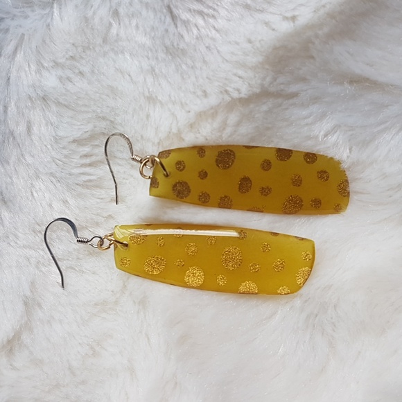 Lightweight yellow earrings with gold coloured polka dots | EUC - Picture 1 of 4